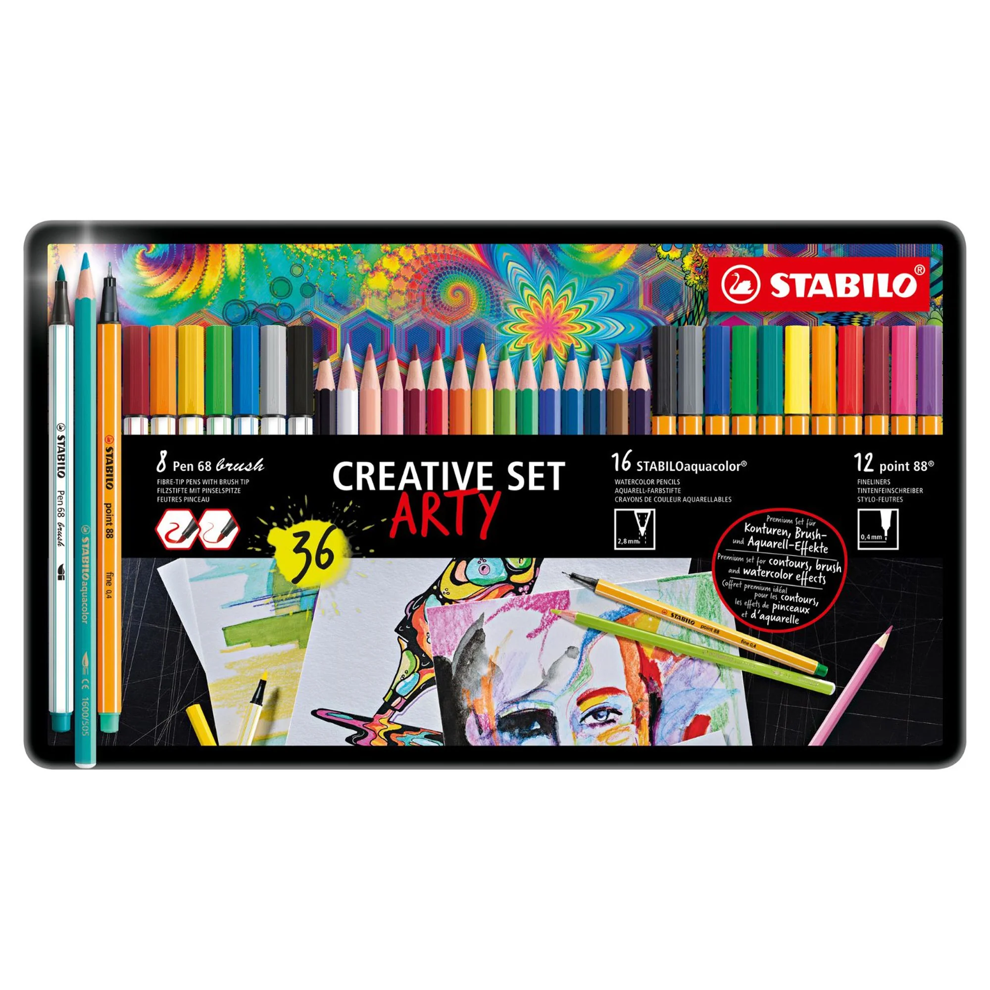 ARTY 68-88 Aquacolor Brush Pens Metal Box 36 Pieces